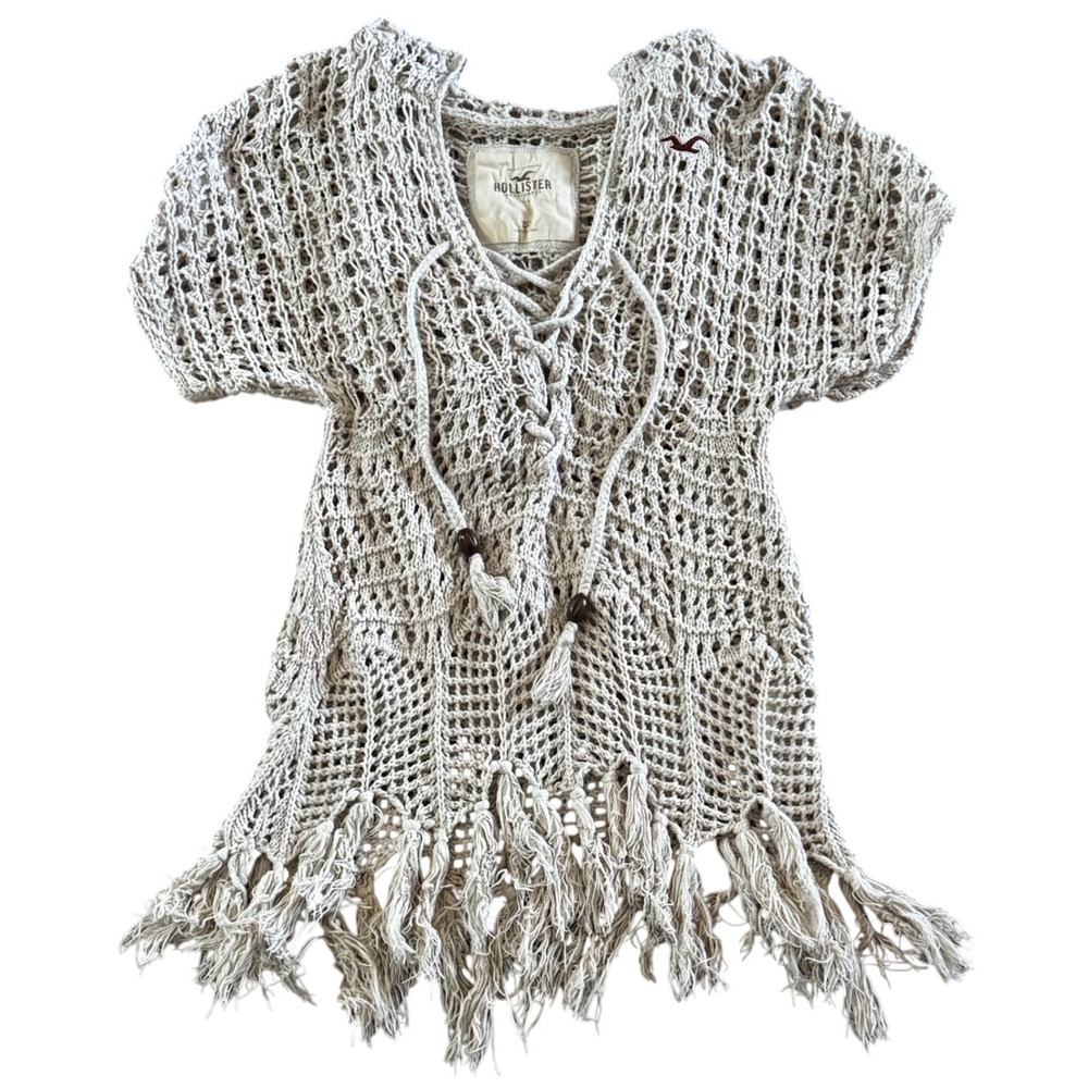 Vintage Y2K Style Hollister Crochet Hooded Fringe Knit Top XS Beach‎ Preppy Boho - Picture 2 of 9